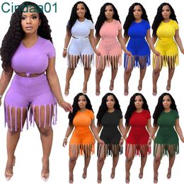 Summer Women Tracksuits Short Sleeve T-shirt Tassel Pants Casual Solid Color 2 Piece Sets Sports Fitness Running Plus Size Clothing S-XXXXL