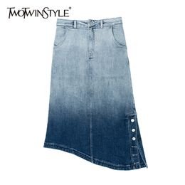 Asymmetrical Hit Colour Denim Skirt For Women High Waist Patchwork Button Midi Skirts Female Summer Fashion 210521