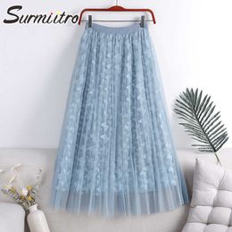 SURMIITRO Summer Fashion Midi Long Tulle Skirt Women Korean Style Blue Applique High Waist Mid-Length Pleated Skirt Female 210712