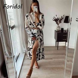 White Black Print Boho Oversized Loose Maxi Dress Robe Long Button Casual Beach Cover Up Plus Size Spring Floral 210427