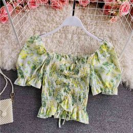 Summer Age Reduction Lotus Leaf Swing Shirt Women's Square Neck Floral Chiffon Fold Waist Puff Sleeve Short Top C156 210506