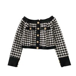 Women Black White Plaid Houndtooth Button Cropped Slash Neck Knitted Long Sleeve Top Sexy Shorts Two Pieces Set B0408 210514