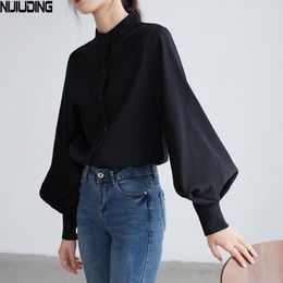 Women Shirt Tops Spring Autumn Black Vintage Lantern Sleeve Stand Collar Single-breasted Solid Blouses Female 210514
