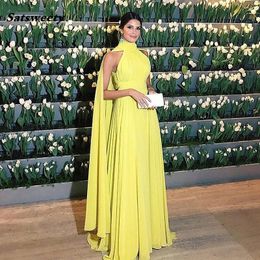 Abendkleider Dubai Formal Prom Dress Women Elegant Chiffon Ruched High Neck Cape Yellow Evening Gowns 2021 Vestido Longo Festa