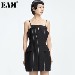 [EAM] Women Black Slim Irregular Backless Dress Slash Neck Sleeveless Loose Fit Fashion Spring Summer 1DD7298 21512