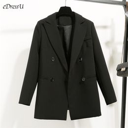 eDressU Women Loose Blazer Jacket Black Casual Suit Spring Double Breasted Office Business Outwear ZX-3 211122