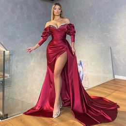 Sexy Burgundy Mermaid Satin Evening Dresses Side High Slit Long Off Shoulder 3/4 Puff Sleeves Pearls Sequin Beads Women Formal Party Dress Special Occasion Prom Gowns