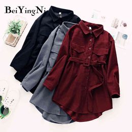 Beiyingni Women Shirt Dress Solid Colour Spring Autumn Korean Belt Long Shirts Female Corduroy Vintage Fashion Blouses Tops 210416