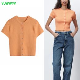 Spring Summer Fashion Orange Knit Ribbed Cardigan Woman Sweaters Chic Elastic Buttons Crop Top Women Short Sleeve Jacket 210430
