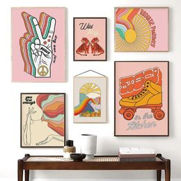 peace sign wholesale Australia - Paintings Cartoon Feminist Peace Sign Rainbow Poster Wall Art Print Picture Sun Line Quote Canvas Painting Wild Tiger Kids Room Home Decor