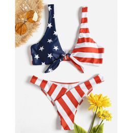 Triangle Bikini Swimsuit Set Summer Sexy Women Stars Stripes USA Flag Print Bow Tie Padded Bra America Swimwear Womens