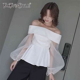 Elegant White Shirt For Women Slash Neck Lantern Sleeve Mesh Perspective Blouse Female Fashion Clothing 210524