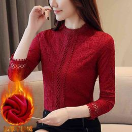 Lace Thickened Blusa Winter Autumn Women Top White Long Sleeve Flower Stand Collar Plus velvet Blouses Shits 803i 210420