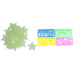 Wall Stickers 35 Pcs Mini Stars Phosphorescent & 4 Plastic Templates Drawing Ruler For Students Children