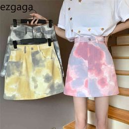 Ezgaga Tie Dye Pink Denim Skirts Women High Waist Summer New Korean Fashion Design A-Line Skirt Slim Wrap Hip Skirt Faldas 210430