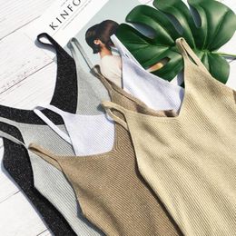 Women's Sexy Knitted Tank Tops Gold Thread Tee Vest Black White Female Camisole Ladies Clothes Summer 2020 New Fashion Top X0507