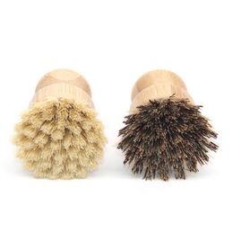 Handheld Wooden Brushes Round Handle Pot Brush Sisal Palm Dish Bowl Pan Cleaning Kitchen Chores Rub Tool RH3069