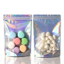 100pcs/lot Resealable Smell Proof Bags Plastic Stand Up Holographic Zipper Bag Laser Aluminum Foil Package Pouch for Food Coffee