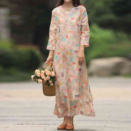 Johnature Women Chinese Style Ramie Dresses O-Neck Seven Sleeve Spring Print Floral Female Button Vintage Maxi Dress 210521