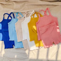 Baby Clothings Sets Pit Strip Suit Stripe Camisole + Breeches 2PCS/Set Summer Girl Kids Fashion Cotton Macrame Suits ZYY1005