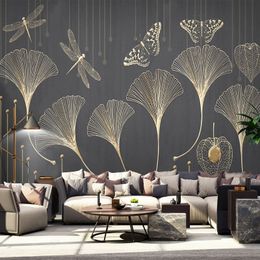 Custom Any Size Mural Wallpaper 3D Golden Line Embossed Ginkgo Leaf Living Room TV Background Wall Painting Papel De Parede 3 D