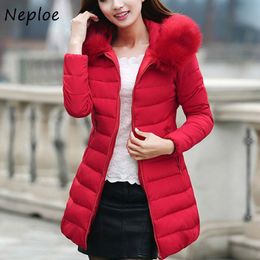 Neploe Simple Slim Fit Hooded Fur Collar Winter Women Jacket All-match Mid-length Cotton Coat Solid Colour Double Pockets Parkas 210423