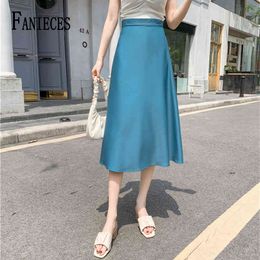 Summer Women Midi Skirts Elegant Solid Satin Silk High Waist Skirt Chic Office Lady Wear Korean England Style faldas 210520