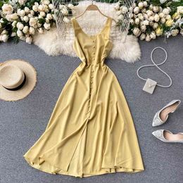 Vacation long Dress for womens single-breasted elegant sexy V-neck halter solid color dress vintage button Button vestidos 210420