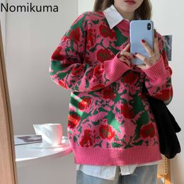 Nomikuma Sweater Women Retro Lazy Loose Jacquard Outerwear Long Sleeve Pullover Tops Flower Pattern Jumpers Ladies 3d615 210514