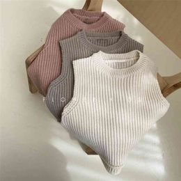 Children's Vest Sweater Warm Soft Spring New Kid Tops Knitted Solid Outfits Boys Girls Outwears Sleeveless O-neck Pullover 210413