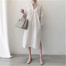 Mid Length Korean Striped Stand Solid Slim Irregular Mid-Calf Full Dresses Women 210615