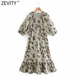 Zevity Women Vintage O Neck Geometric Print Hem Pleat Ruffles Midi Dress Chic Female Lantern Sleeve Slim Vestido DS5005 210603