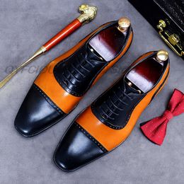 Splicing Men Handmade Shoes Genuine Leather Pointed Toe Mens Oxford Shoes Lace Up Business Wedding Formal Cap Toe Dress Shoes