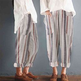 Plus Size Cotton Linen Trousers Women Summer Loose Harem High Waist Stripe Pocket Pant Casual Pantalon Female Sweatpants Trouser 210925