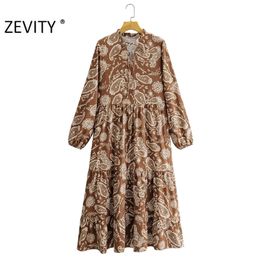 Autumn Women Vintage Cashew Floral Print Midi Shirt Dress Ladies Chic Bow Long Sleeve Casual Pleat Ruffles Vestido DS4549 210420