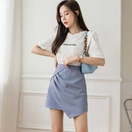 Korean Fashion Skirts High-waisted Woman Summer Solid Above Knee Mini Sexy Women Asymmetric Folds Skirt for Female 210604