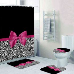 Girly Pink Ribbon Leopard Print Shower Curtain Set Modern Cheetah Leopard Bath Curtains for Bathroom Home Decor Curtains 211102232H
