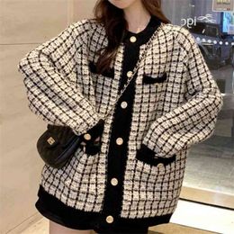 Autumn Sweater Coat Retro Shirt Check Long Sleeve Single Breasted Plaid Loose Knit Cardigan Ladies QB321 210510