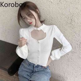 Korobov New Sexy Women Sweater Korean Preppy Style Solid Female Sueter Mujer Vintage Single Breasted Crop Jumper Femme 210430