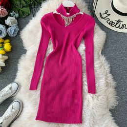 Gaganight Women Beading Party Mini Short Dress Solid Strikkad Långärmad Bodycon Klänningar Kvinna Chic Fashion Korean Vestidos 210519