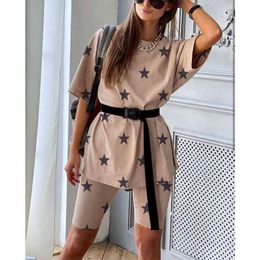 Women Star Print With Belt 2 Pieces Sets Summer Short Sleeve O-Neck T-Shirt And Elastic Waist Bodycon Shorts Casual Suits 210416