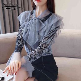 Fashion Chiffon Lace Women Tops Casual Clothing Long Sleeve Bow Ruffles Mesh Spliced Autumn Blouses 5580 50 210427