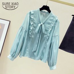 Autumn Long Sleeve Women Tops Bow Shirt Women's Blouse Korean Style Elegant Chiffon Shirt Solid Fairy Office Lady Clothes 11152 210527