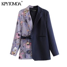 KPYTOMOA Women Fashion Office Wear Floral Print Patchwork Blazer Coat Vintage Pockets With Belt Female Outerwear Chic Tops 211019