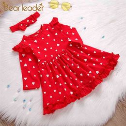 Casual Baby Girls Dress Princess es Heart Print Red Christmas for Girl Kids Clothes with Headband 2pcs 210429