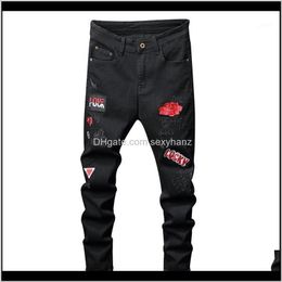 Clothing Apparel Drop Delivery 2021 Sokotoo Mens Red Flower Letters Embroidery Black Jeans Fahion Badge Stretch Denim Pants1 53Pti