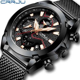 Clearance Sale CRRJU watches Luxury Calander Business Watch Mens Chronograph Sport Leather Watches Men's Luminous Quartz watch 210804