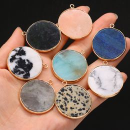 Flat Round Healing labradorite Semi-precious Stone Charms Turquoise Quartz Crystal Pendant DIY Necklace Women Fashion Jewellery Finding 30x35mm