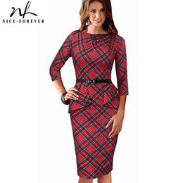 Nice-forever Autumn Vintage Red Plaid Peplum Dresses Business Office Bodycon Fitted Women Pencil Dress btyB267 210419