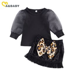 1-6Y Leopard Toddler Kid Girl Clothes Set Autumn Lace Long Sleeve Tops Bow Tassel Skirts Outfit Children 210515